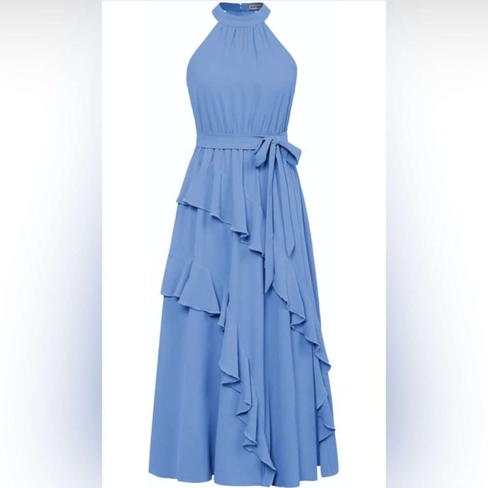 Halter Neck Ruffle Maxi Dress in Light Blue
